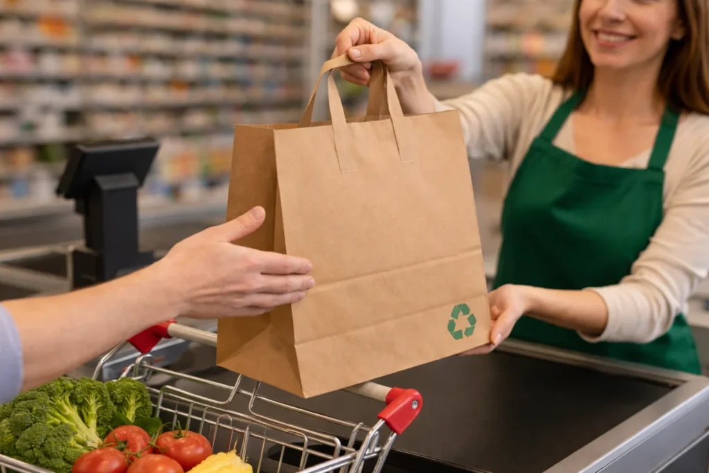 Bolsa de papel entregada en caja en un supermercado