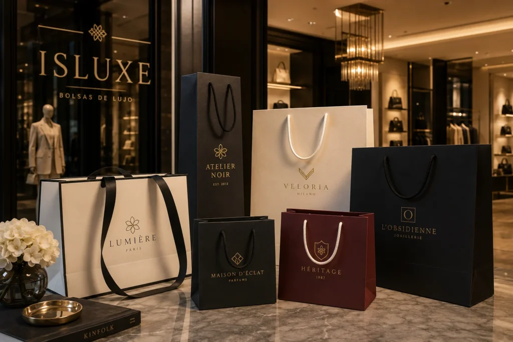 Bodegón de diversas bolsas ISLUXE con acabado premium delante de una tienda de lujo