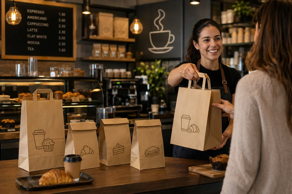 Empleada de una cafetería entregando una bolsa de papel con asas que contiene el pedido de una cliente
