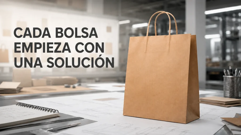 Bolsa de papel en una mesa de diseño de producto junto al lema: cada bolsa empieza con una solución